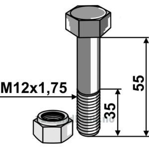 Bolt med låsemutter - 8.8 - M12x1,75x55mm