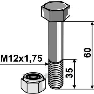 Bolt med låsemutter - 8.8 - M12x1,75x60mm