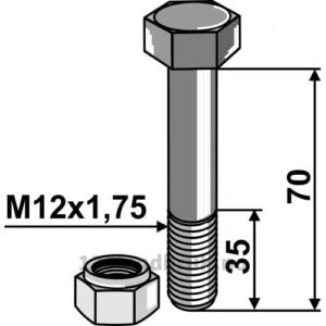 Bolt med låsemutter - 8.8 - M12x1,75x70mm - Kverneland