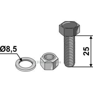 Bolt med låsemutter og Skive - M8x1,25x25mm