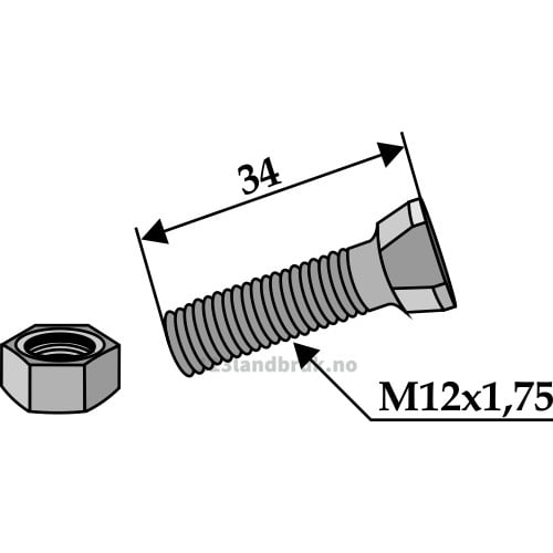 Plogbolt med Mutter - 12.9 - M12x1,75x34mm - Krone, Kuhn-Huard, Kverneland