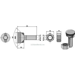 Plogbolt med Mutter - 10.9 - M12x1,75x35mm - Kverneland