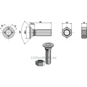 Plogbolt med Mutter - 10.9 - M12x1,75x85mm - Kongskilde