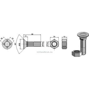 Plogbolt med Mutter - 10.9 - M16x2x60mm - Lemken