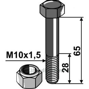 Bolt med Låsemutter - 10.9 - M10x1,5x65mm - Agria, Fischer, Hansa, Marsk-Stig