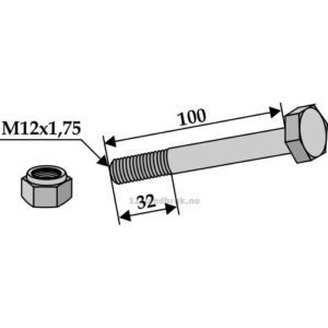 Bolt med Låsemutter - 8.8 - M12x1,75x100mm - Ferri