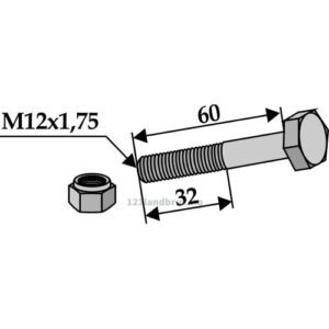 Bolt med Låsemutter - 10.9 - M12x1,75x60mm - Agrimaster, Epoke, Simba, Turner