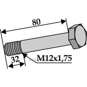 Bolt med Låsemutter - 10.9 - M12x1,75x80mm - Agromet, Agrotec, Dücker, Irus