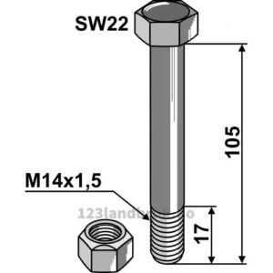 Bolt med Mutter - 10.9 - M14x1,5x105mm - Bomford, Müthing, Spearhead