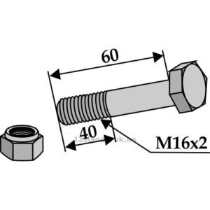 Bolt med Låsemutter - 10.9 - M16x2x60mm - Claas, Ferri, Kuhn, Nobili, Vogel u. Noot