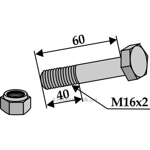 Bolt med Låsemutter - 10.9 - M16x2x60mm - Claas, Ferri, Kuhn, Nobili, Vogel u. Noot
