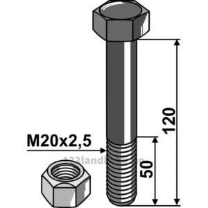 Bolt med Låsemutter - 10.9 - M20x2,5x120mm - Agricom, Agromec, Mulag