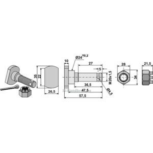 Knivbolt med Kronemutter - 12.9 - M20x1,5x47,5mm - Humus