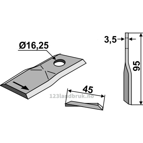 Slåmaskinkniv - 95x45x3.5mm - Venstre - John Deere, Kuhn, New Holland