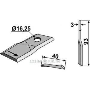 Slåmaskinkniv - 93x40x3mm - IHC, John Deere, Kuhn, New Holland, Pöttinger