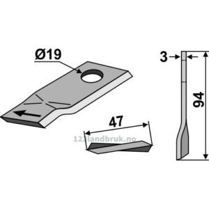 Slåmaskinkniv - 94x47x3mm - Høyre - Claas, Fella, Niemeyer, Vicon