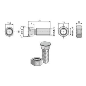 Plogbolt med Mutter - 12.9 - M12x1,75x34mm - Krone, Kuhn-Huard, Kverneland