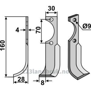 Rotorfreskniv - 160x30x4mm - Venstre - Agria, Schneider