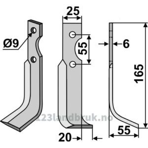 Rotorfreskniv - 165x25x6mm - Høyre - Agria, B.C.S., Grillo (Pinza), Iseki, S.E.P.