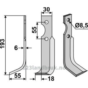 Rotorfreskniv - 193x30x6mm - Venstre - B.C.S., Ferrari, Pasquali
