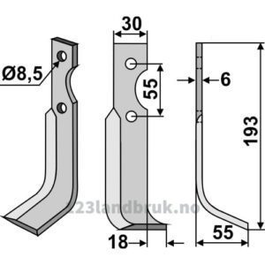 Rotorfreskniv - 193x30x6mm - Høyre - B.C.S., Ferrari, Pasquali
