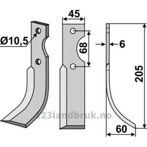 Rotorfreskniv - 205x45x6mm - Høyre - Benassi