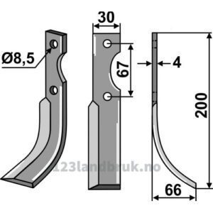 Rotorfreskniv - 197x30x4mm - Høyre - Benassi, Grillo (Pinza)