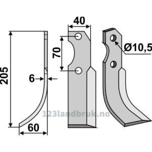 Rotorfreskniv - 205x40x6mm - Venstre - Brumital-Agris