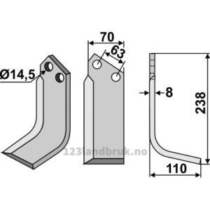 Rotorfreskniv - 238x70x8mm - Høyre - Celli