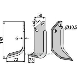 Rotorfreskniv - 152x50x6mm - Venstre - B.C.S., Grillo (Pinza), Pasquali