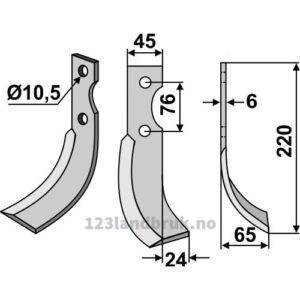 Rotorfreskniv - 220x45x6mm - Høyre - Grillo (Pinza)