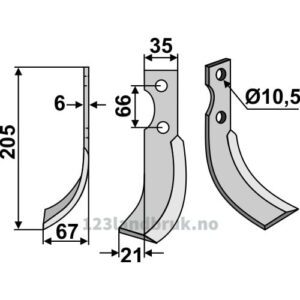 Rotorfreskniv - 205x35x6mm - Venstre - Grillo (Pinza)