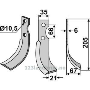 Rotorfreskniv - 205x35x6mm - Høyre - Grillo (Pinza)