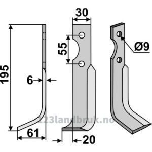 Rotorfreskniv - 195x30x6mm - Venstre - Grillo (Pinza)