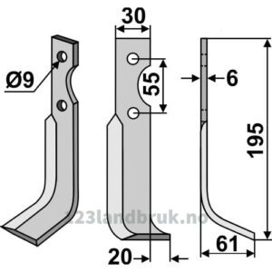 Rotorfreskniv - 195x30x6mm - Høyre - Grillo (Pinza)