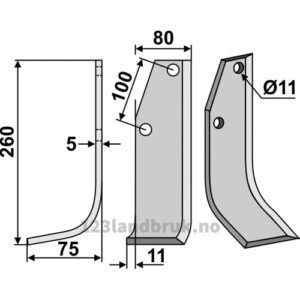 Rotorfreskniv - 260x80x5mm - Venstre - Holder