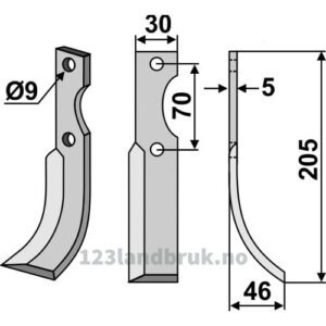 Rotorfreskniv - 205x30x5mm - Høyre - Honda