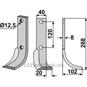 Rotorfreskniv - 268x40x8mm - Høyre - Krone