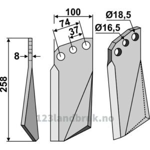 Rotorfreskniv - 258x100x8mm - Venstre - Kuhn