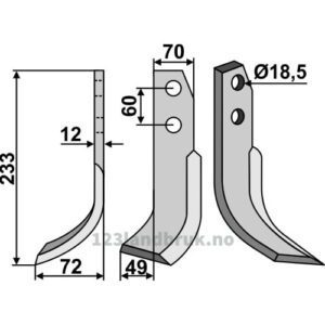 Rotorfreskniv - 233x70x12mm - Venstre - Kuhn