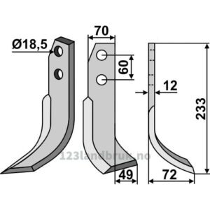 Rotorfreskniv - 233x70x12mm - Høyre - Kuhn
