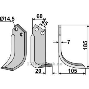 Rotorfreskniv - 185x60x7mm - Høyre - Maletti