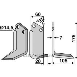 Rotorfreskniv - 175x60x7mm - Høyre - Maletti