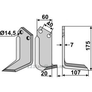 Rotorfreskniv - 175x60x7mm - Høyre - Maletti