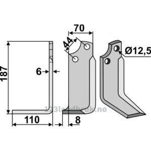 Rotorfreskniv - 187x70x6mm - Venstre - Gaspardo, Maschio