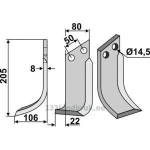 Rotorfreskniv - 205x80x8mm - Venstre - Meritano