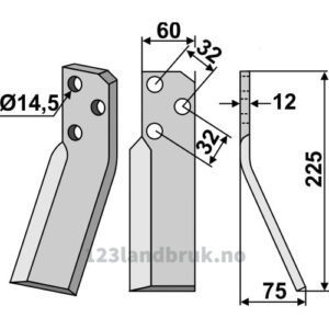 Rotorfreskniv - 225x60x12mm - Høyre - Renter L.M.T.