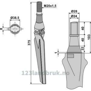 Fresetind til Horisontalfres 375mm - 375xM20x1,5mm - Høyre - Krone, Lely, Rau
