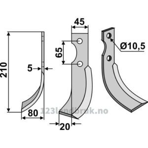 Rotorfreskniv - 210x45x5mm - Venstre - Roteco