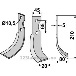 Rotorfreskniv - 210x45x5mm - Høyre - Roteco